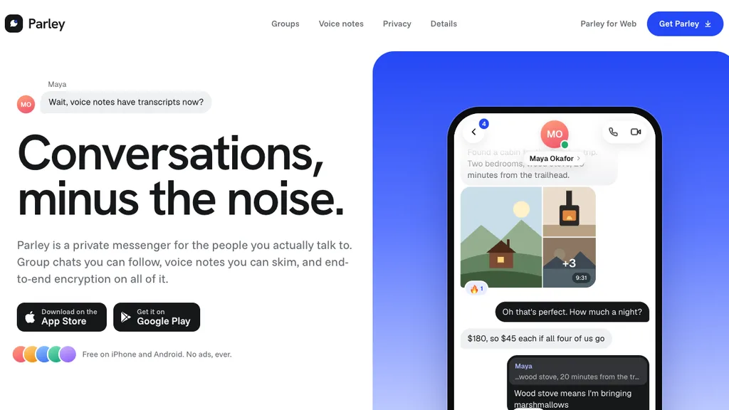 Parley - landing page for a private messenger with voice notes and group chats