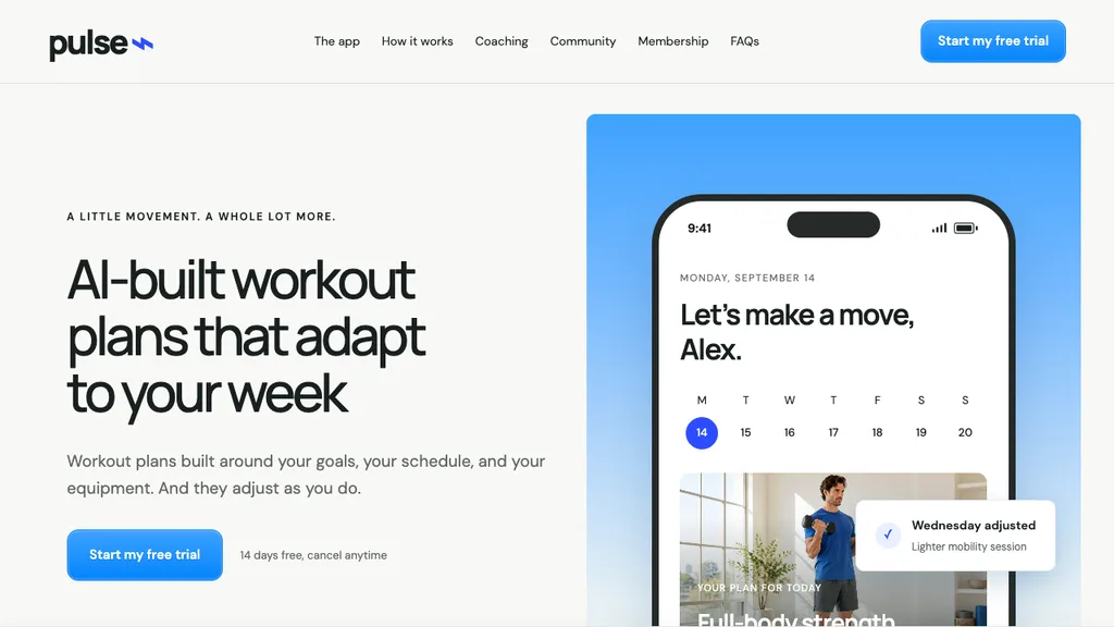 Pulse - fitness app site for AI-built workout plans that adapt to your week