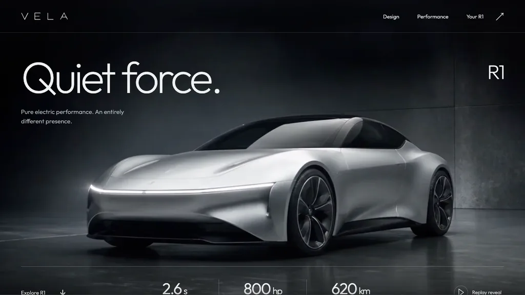 VELA R1 - fictional electric coupe launch site with a scroll-driven cinematic reveal