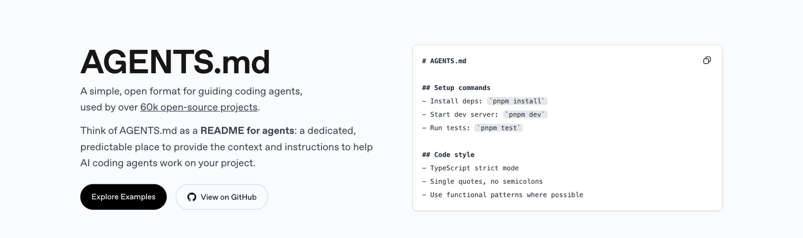 AGENTS.md homepage calling the file a README for agents, beside a sample AGENTS.md with setup commands and code style