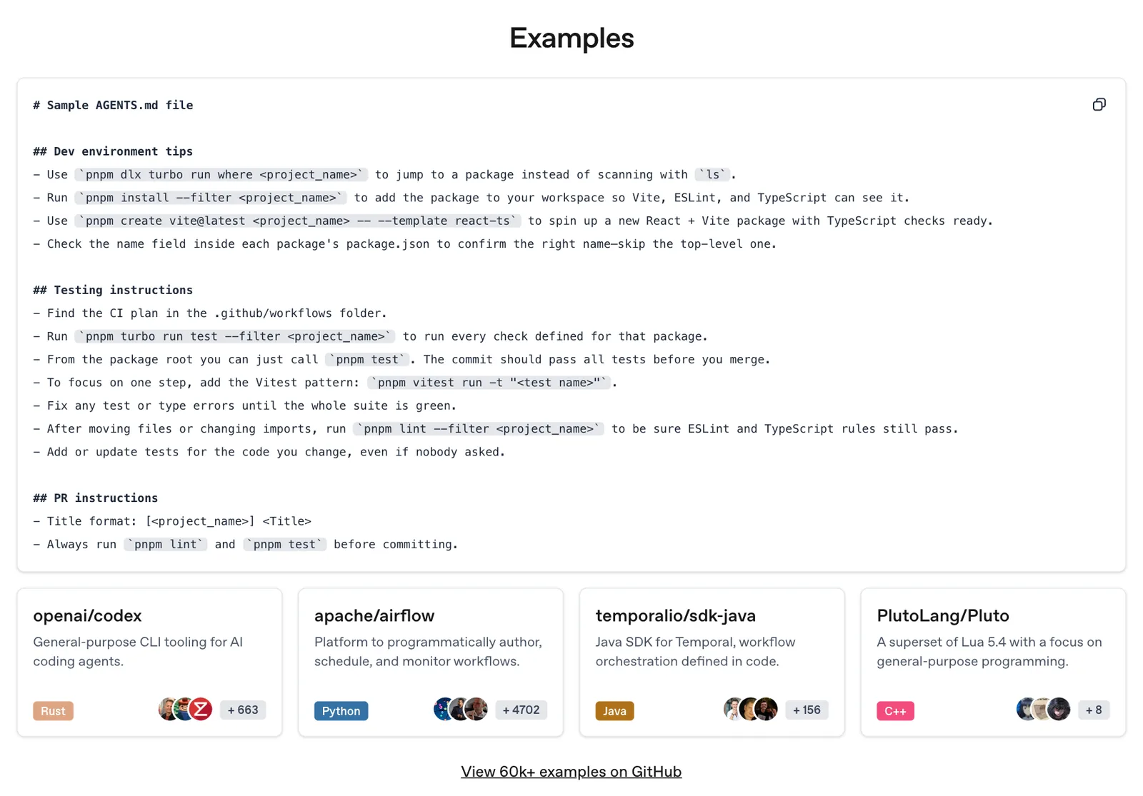 Sample AGENTS.md file with concrete dev environment, testing and PR instructions from the agents.md examples
