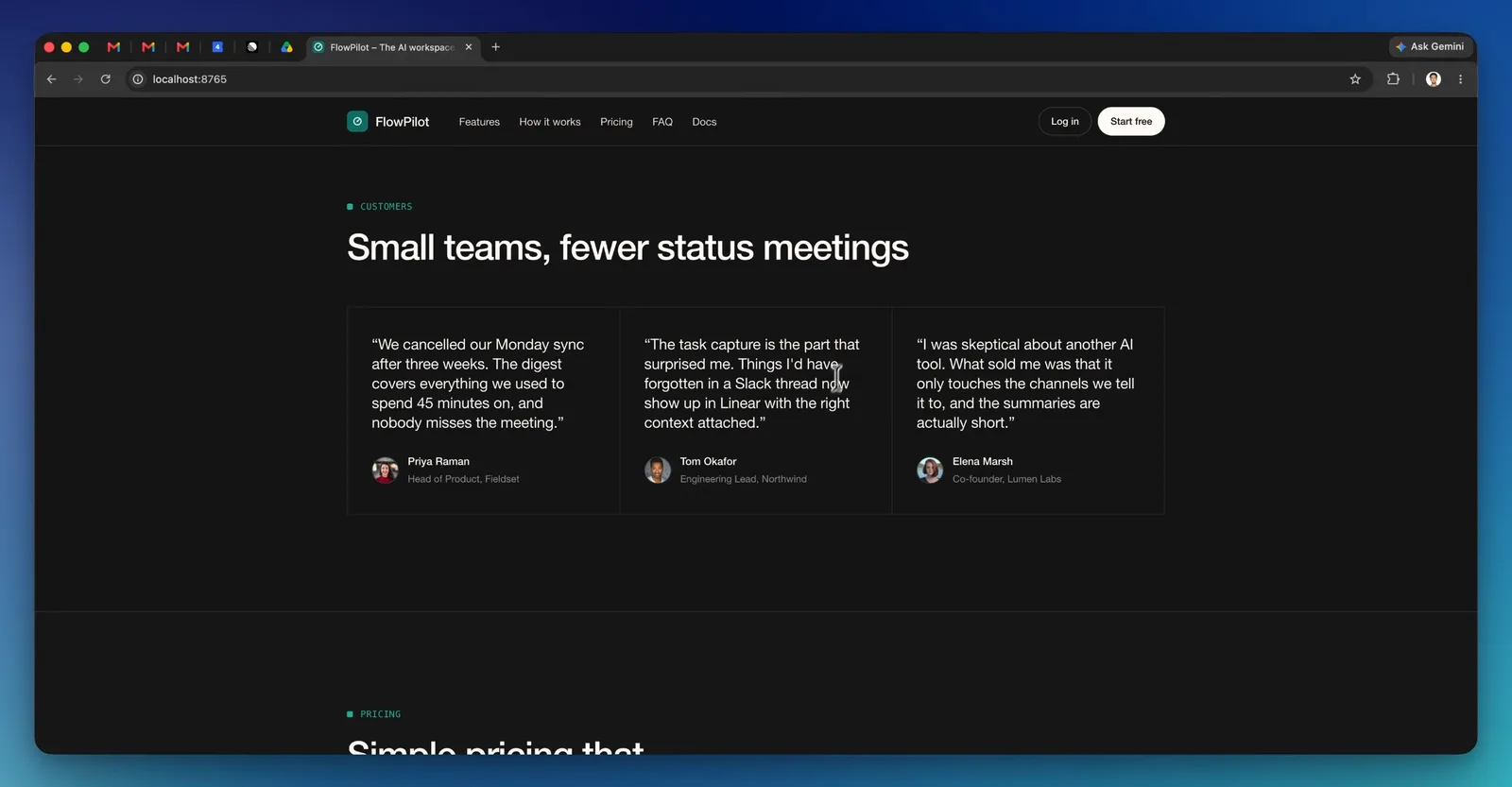 AI-built website testimonial section with three generated quotes from fictional people and made-up company names