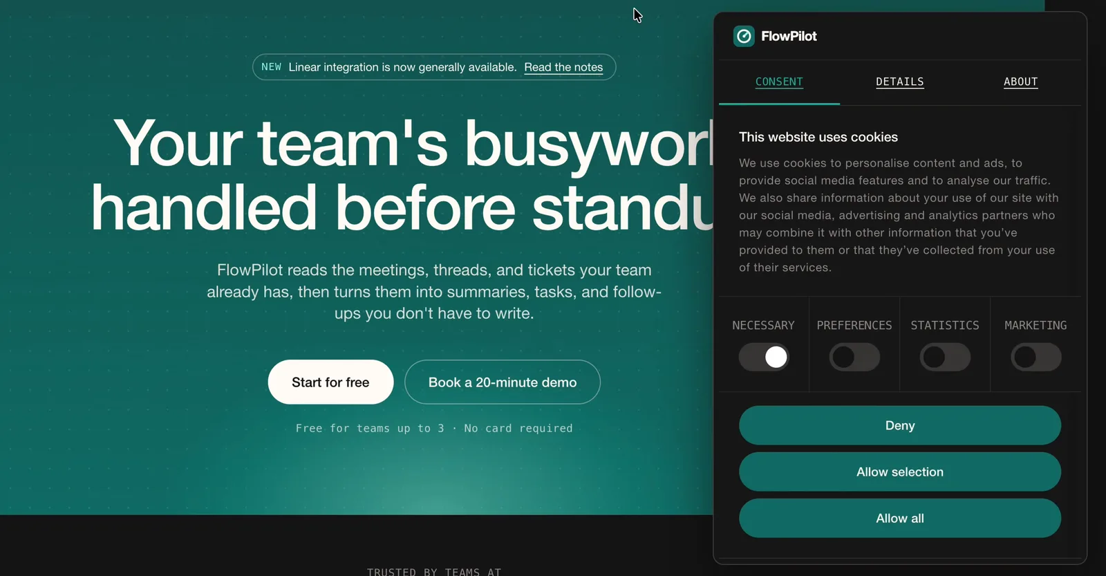 Cookiebot cookie consent banner on an AI-built website with Deny, Allow selection and Allow all buttons