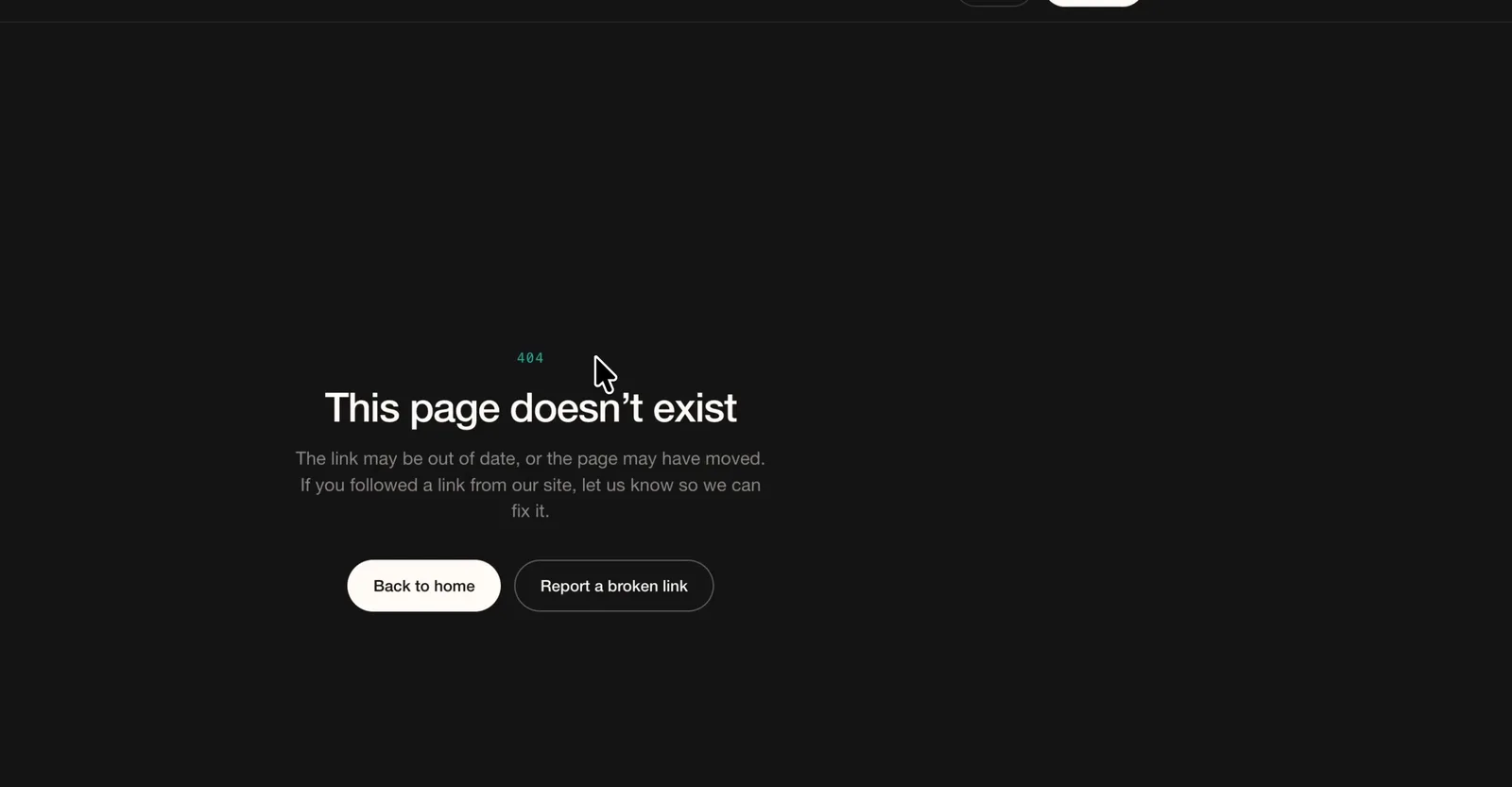 Custom 404 page on an AI-built website reading This page doesn't exist, with Back to home and Report a broken link buttons