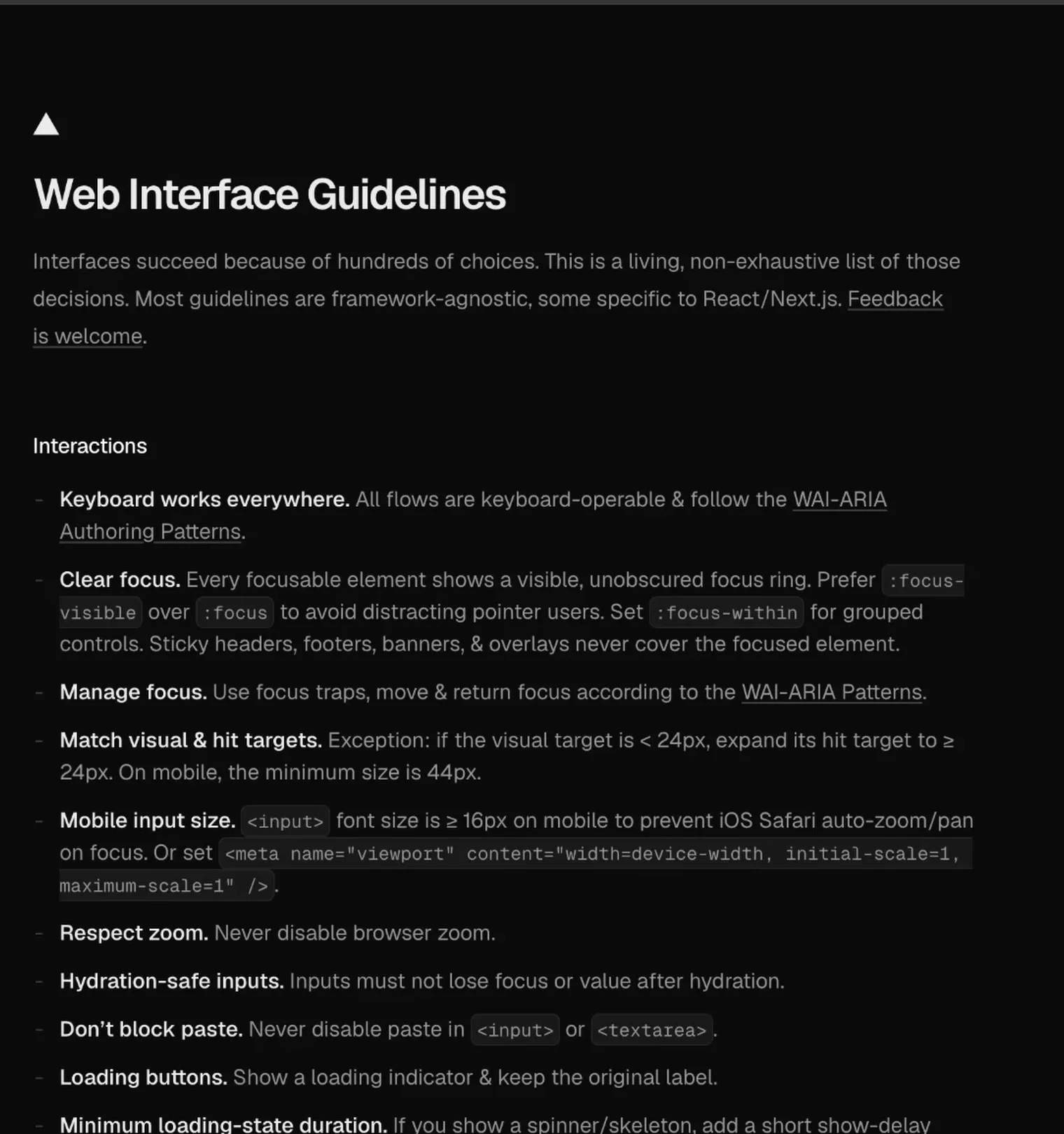 Web Interface Guidelines checklist used to audit an AI-built website: keyboard access, visible focus rings and hit targets