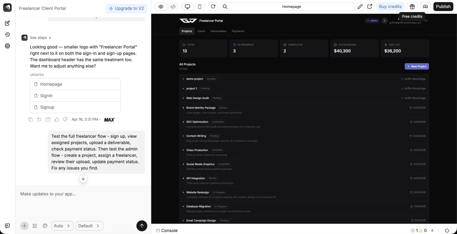 Anything AI app builder chat building a freelancer client portal next to the live app preview with projects and sign-up pages
