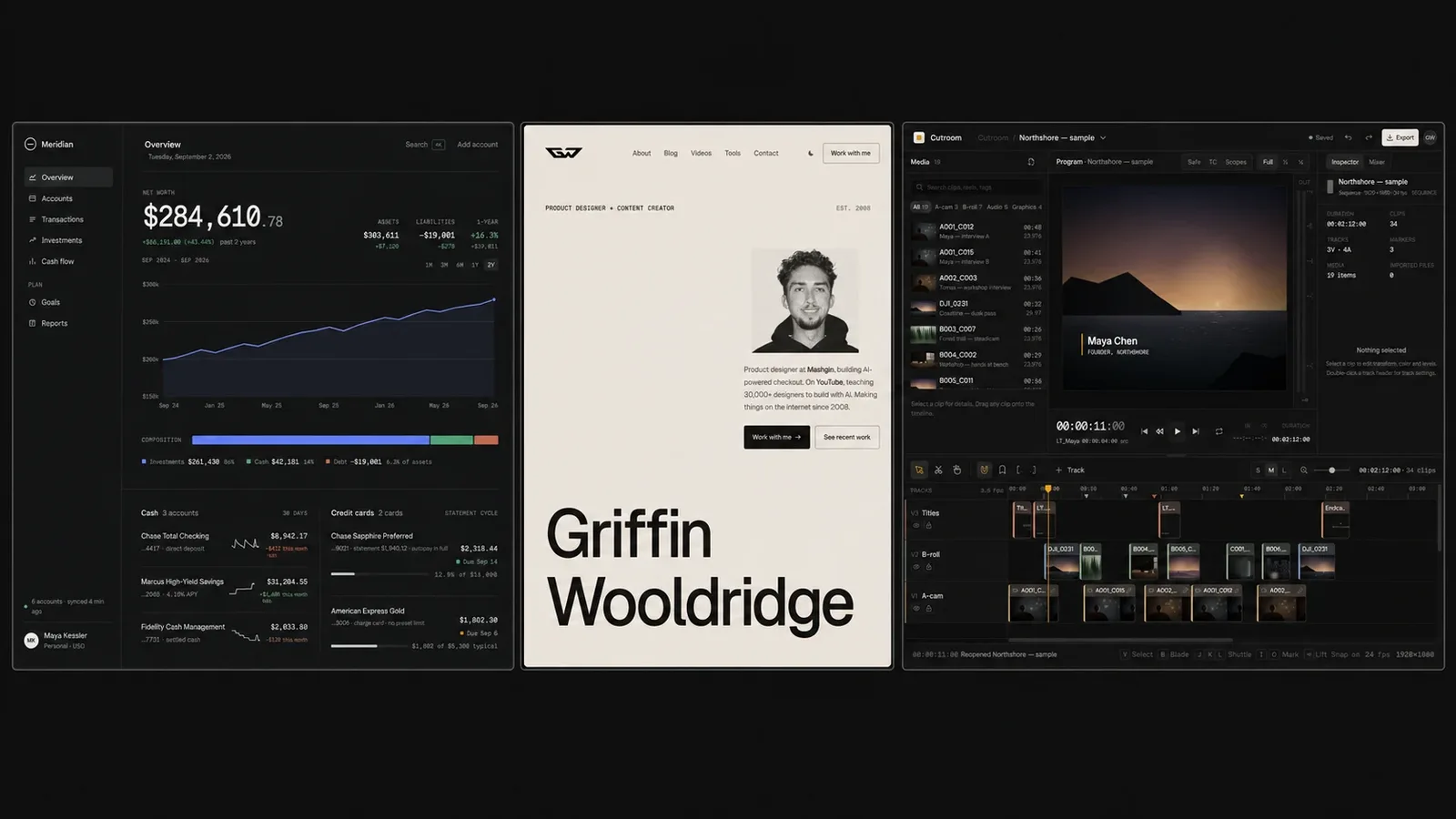 Claude Fable 5.1 UI design test results: a finance dashboard, a portfolio site redesign and a video editor side by side
