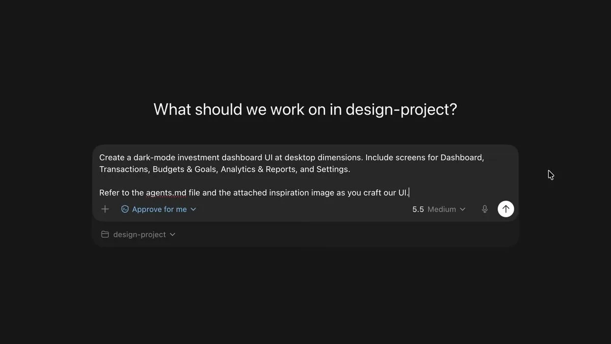 OpenAI Codex app prompt for a dark-mode investment dashboard that tells the agent to follow the agents.md file