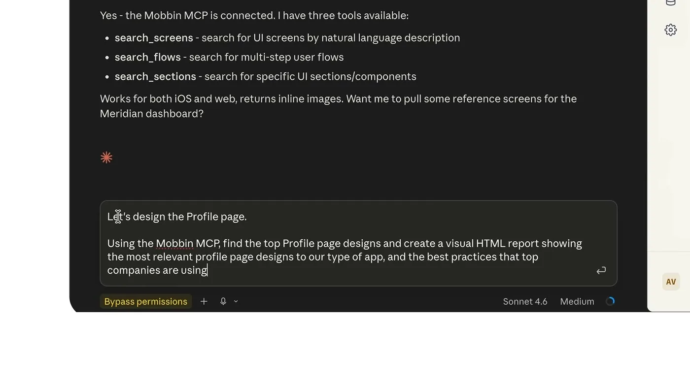 Claude Code confirming the Mobbin MCP is connected with search_screens, search_flows and search_sections tools before a profile page design