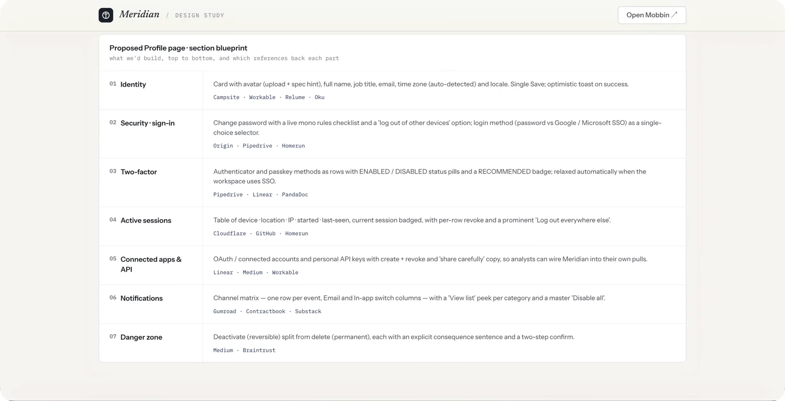 Profile page blueprint from Claude Code where every section cites real products found through the Mobbin MCP