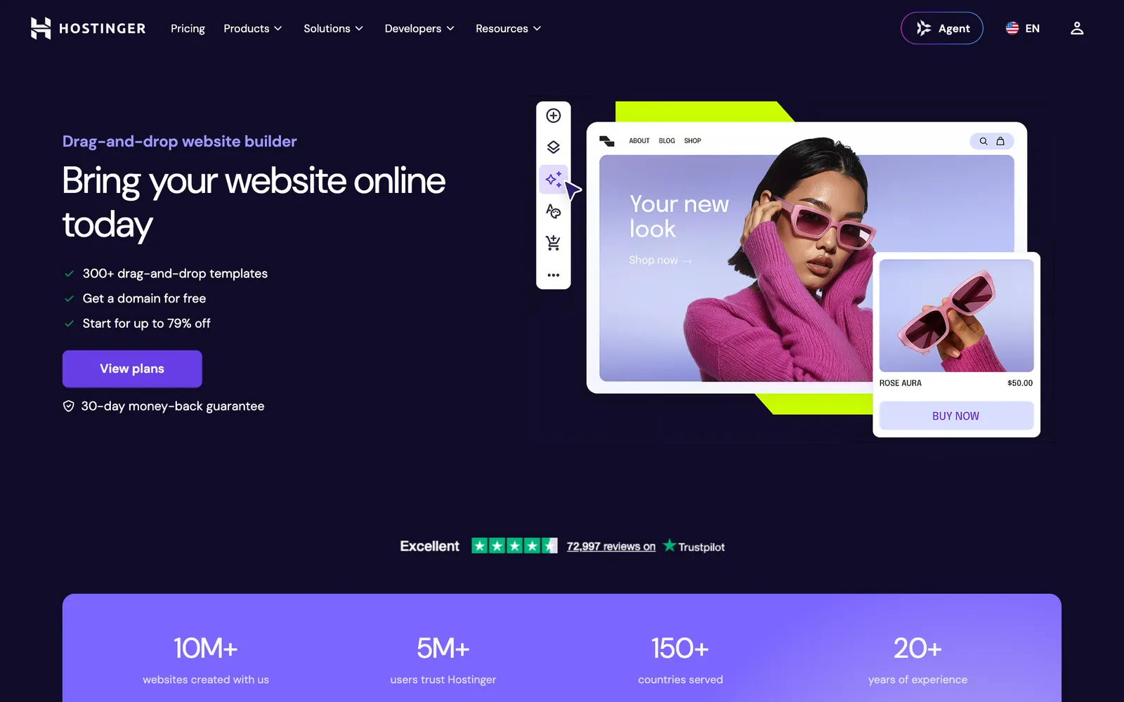 The Hostinger website builder page with drag-and-drop templates and an AI site builder