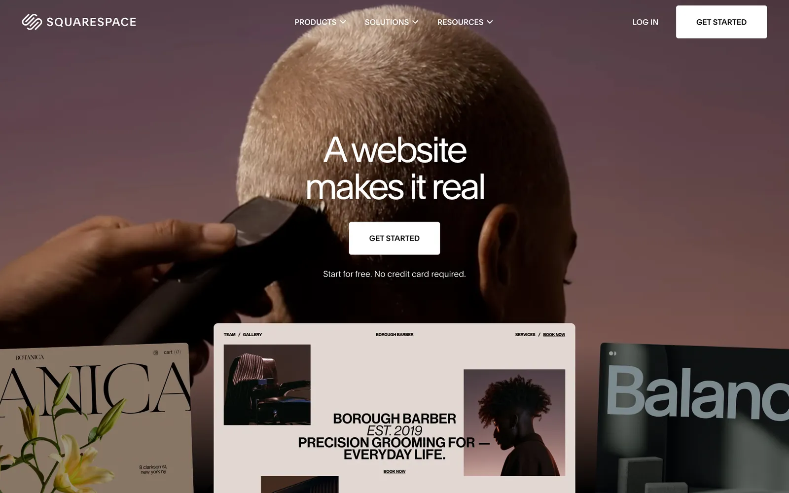 The Squarespace homepage with a template preview for a barber shop site