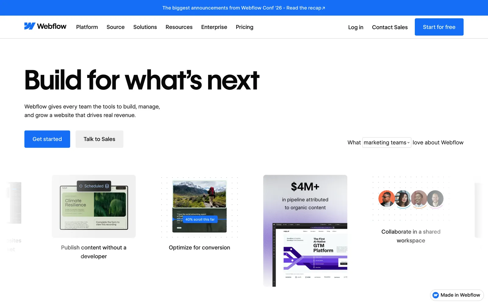 The Webflow homepage: Build for what's next