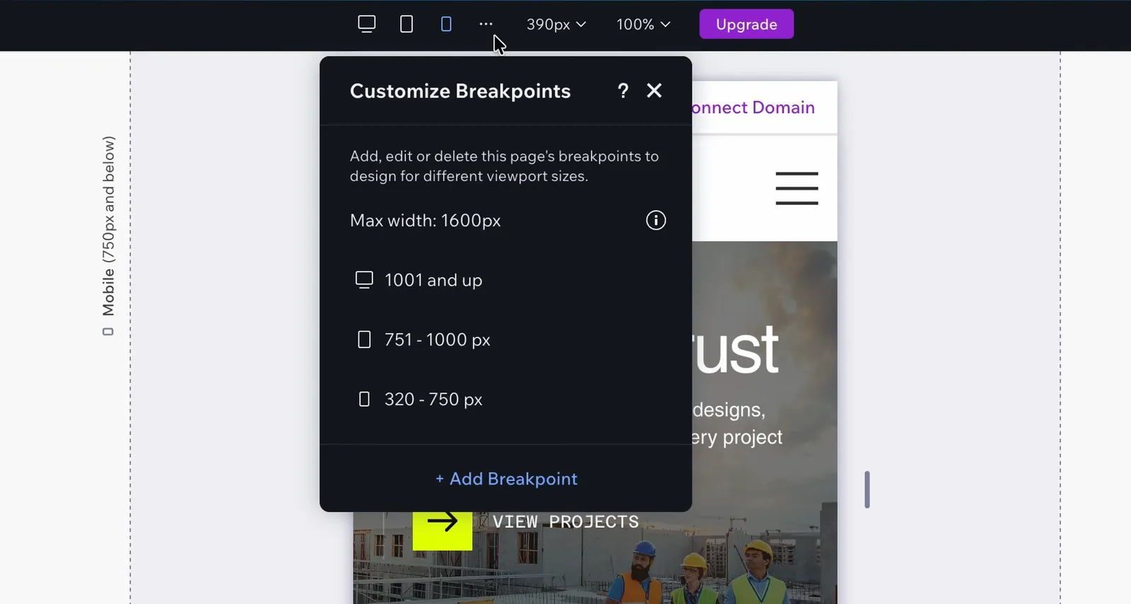 Wix editor Customize Breakpoints panel listing desktop 1001 and up, tablet 751-1000 px and mobile 320-750 px