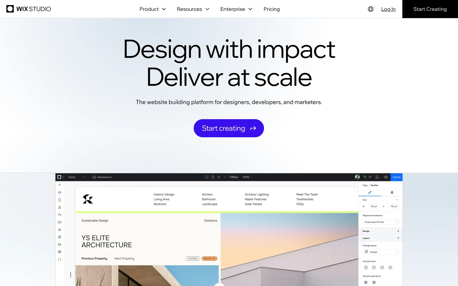 The Wix Studio homepage: Design with impact, deliver at scale, with the editor below