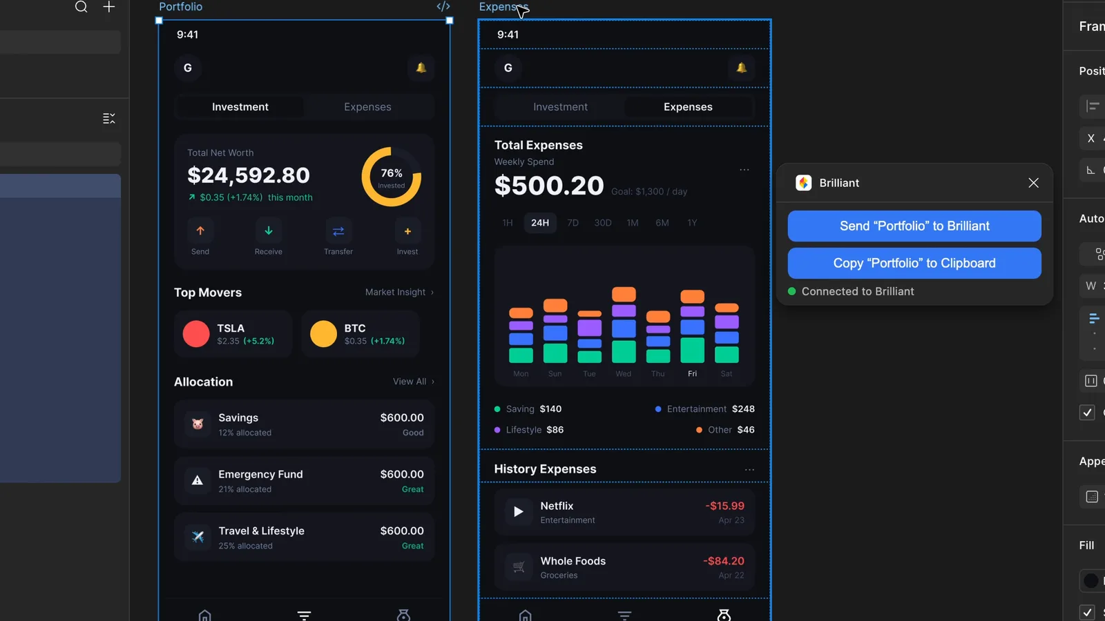 The Brilliant plugin inside Figma with a Send Portfolio to Brilliant button next to two finance app frames