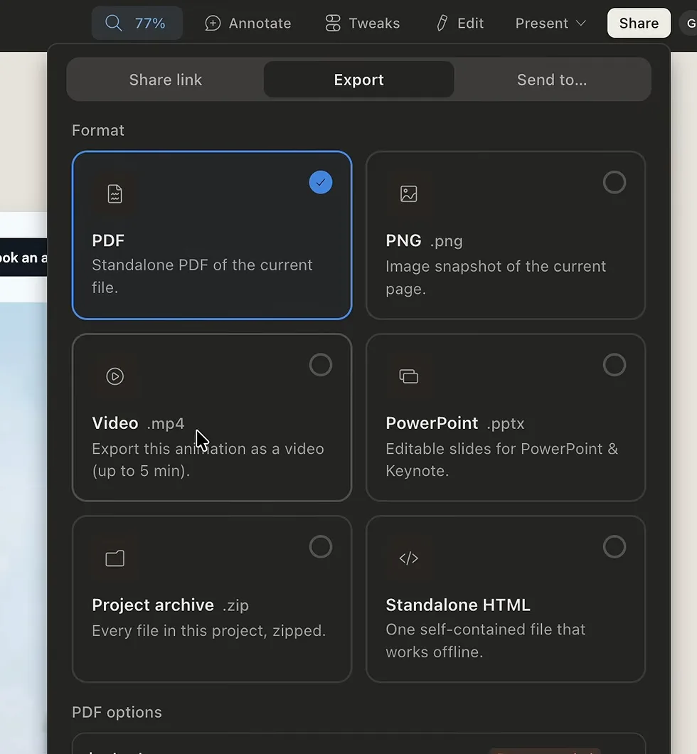 Claude Design Export tab with PDF, PNG, video, PowerPoint, project ZIP archive and standalone HTML formats