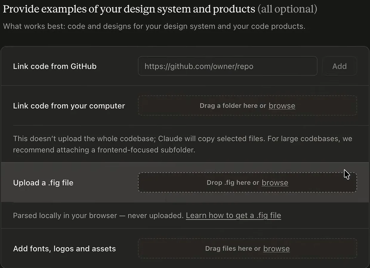 Claude Design design system setup with fields to link a GitHub repo, local code, a .fig file and fonts
