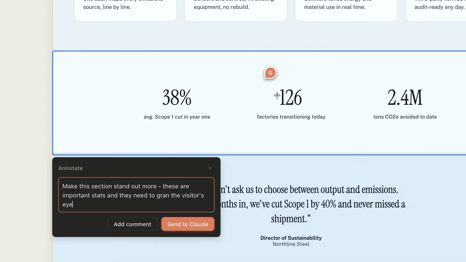 Claude Design Annotate comment on a stats section asking Claude to make the 38%, 126 and 2.4M numbers stand out