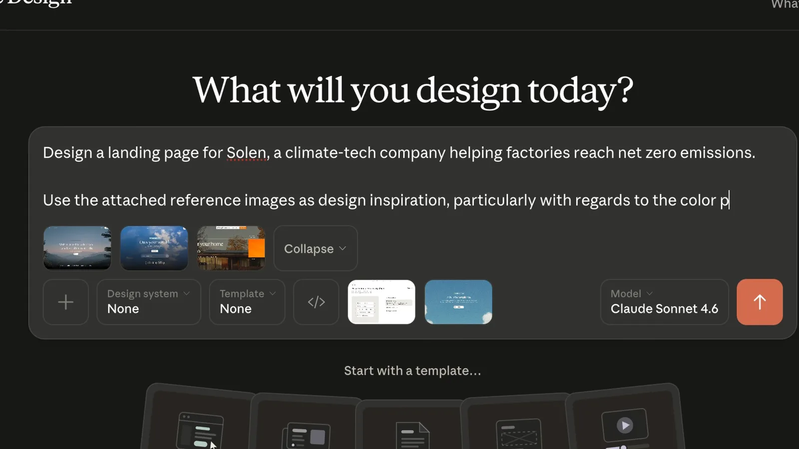 Claude Design prompt box describing a landing page for Solen, a climate-tech company, with reference images attached