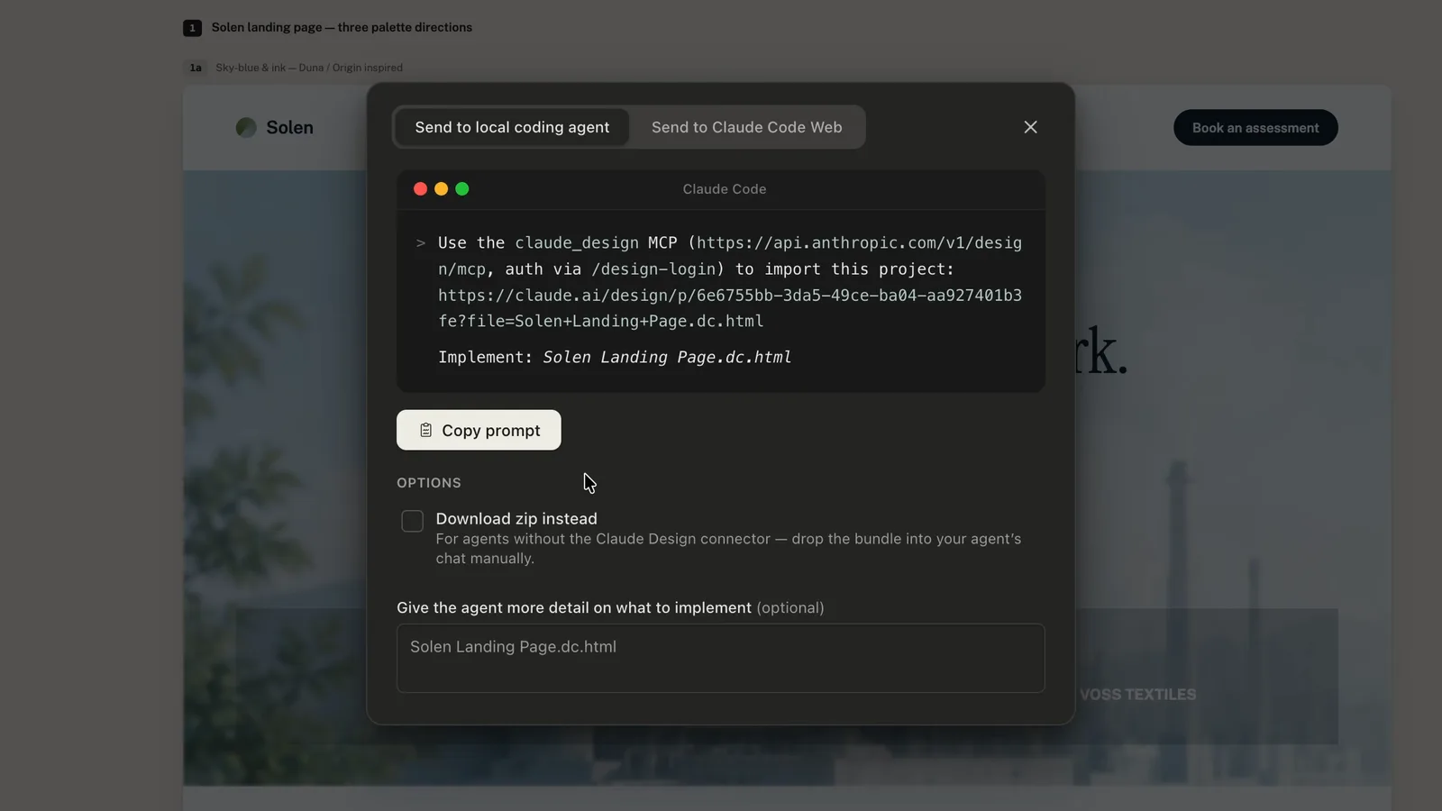 Claude Design Send to local coding agent dialog with a Claude Code prompt that imports the Solen landing page project