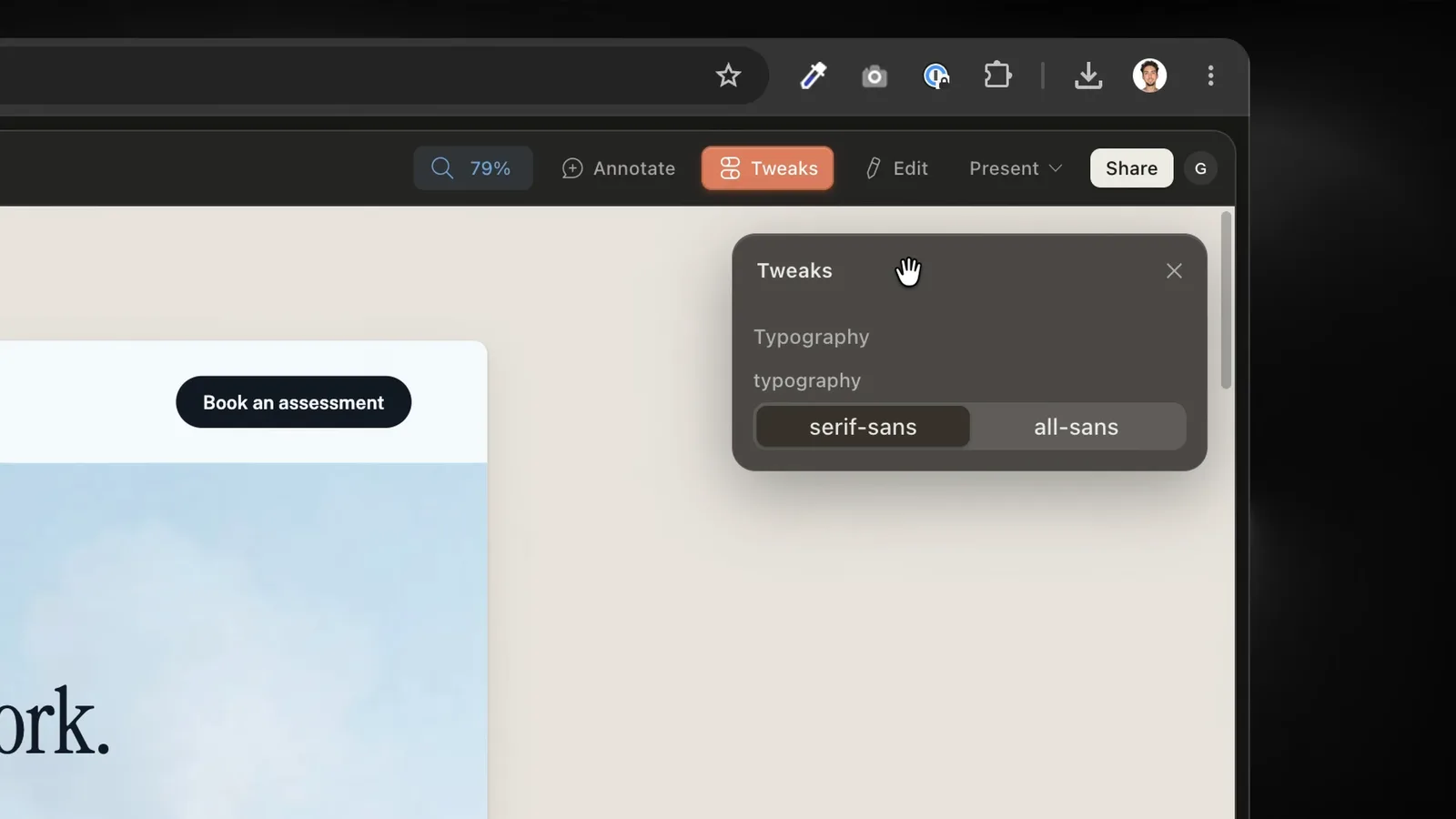 Claude Design Tweaks panel with a single typography knob switching between serif-sans and all-sans