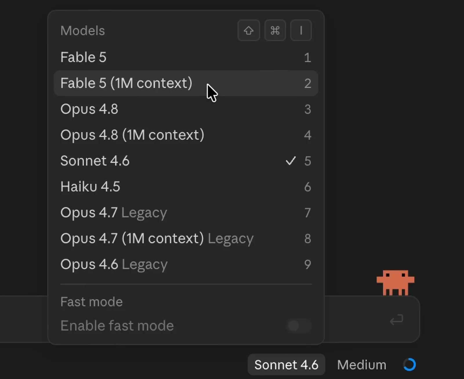 Claude Code model picker with Fable 5 and Fable 5 (1M context) listed above the Opus and Sonnet options