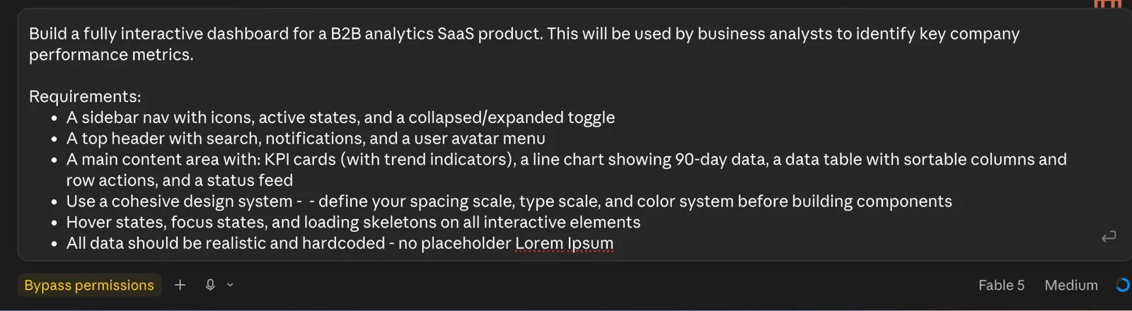 UI design prompt in Claude Code that opens with who the dashboard is for: business analysts tracking key company metrics