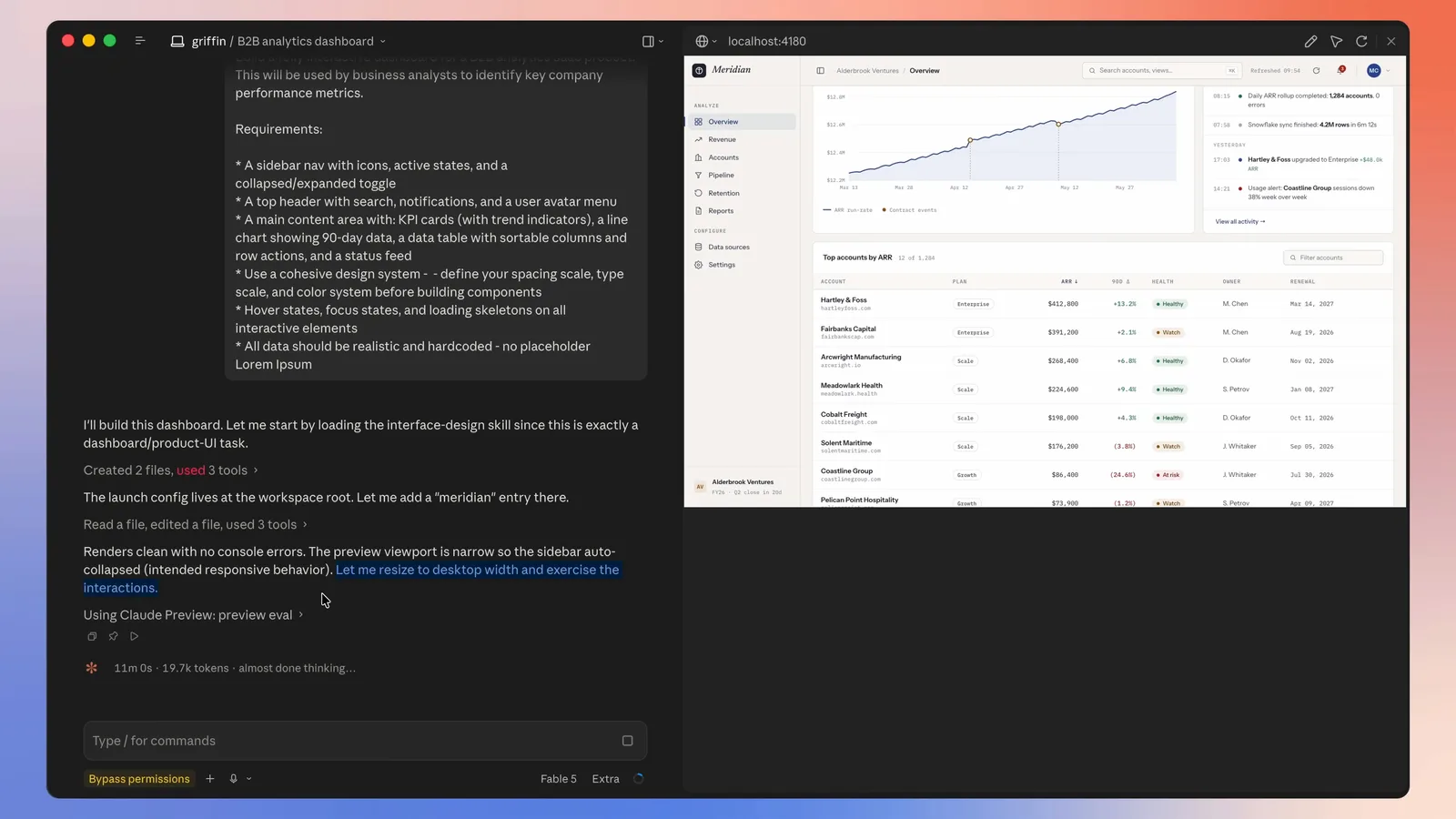 Claude Code running Claude Fable 5, deciding to resize its dashboard preview to desktop width to test the interactions