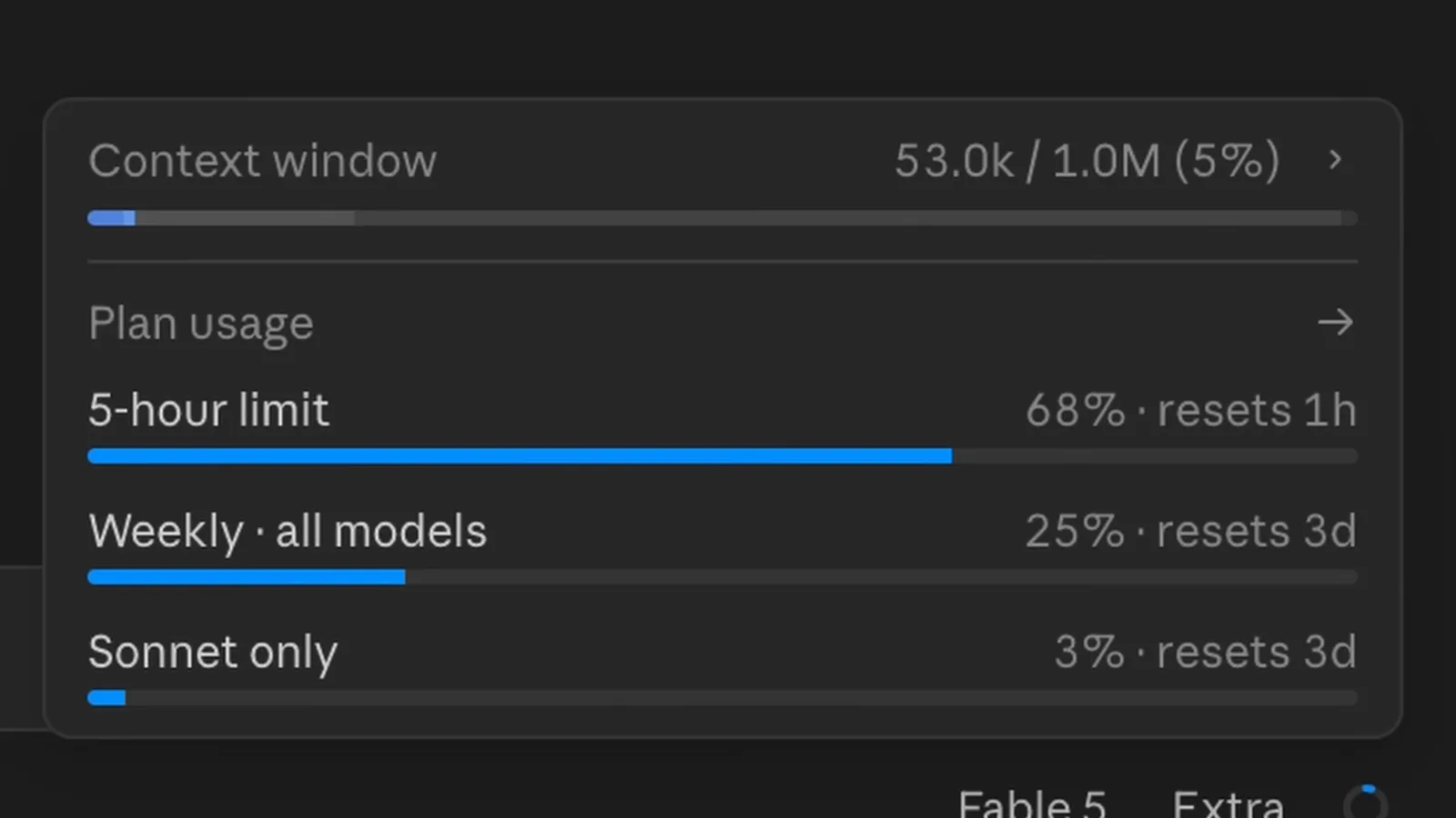 Claude Max plan usage panel showing the 5-hour limit at 68 percent before the Claude Fable 5 dashboard prompt