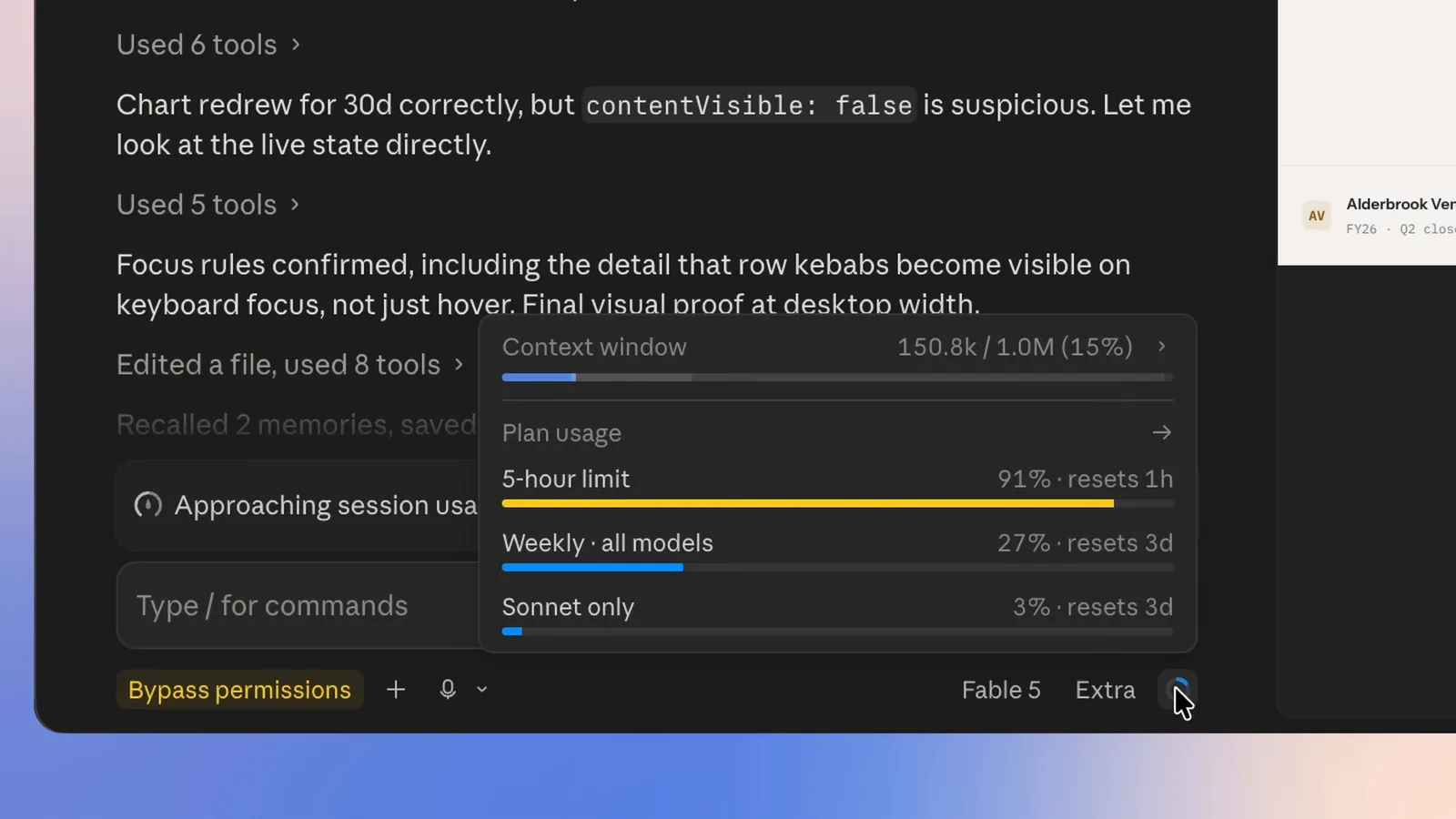 Claude Code usage panel at 91 percent of the 5-hour limit with an approaching session limit warning after one Fable 5 build