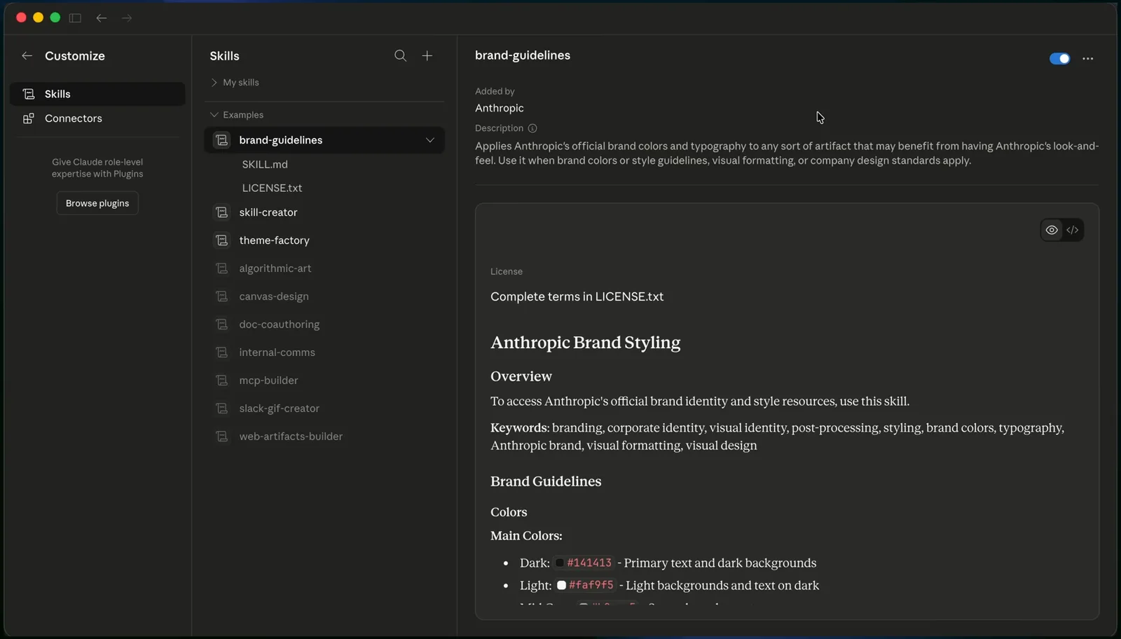 Brand Guidelines skill open in Claude's Customize Skills panel, showing Anthropic brand colors and typography rules