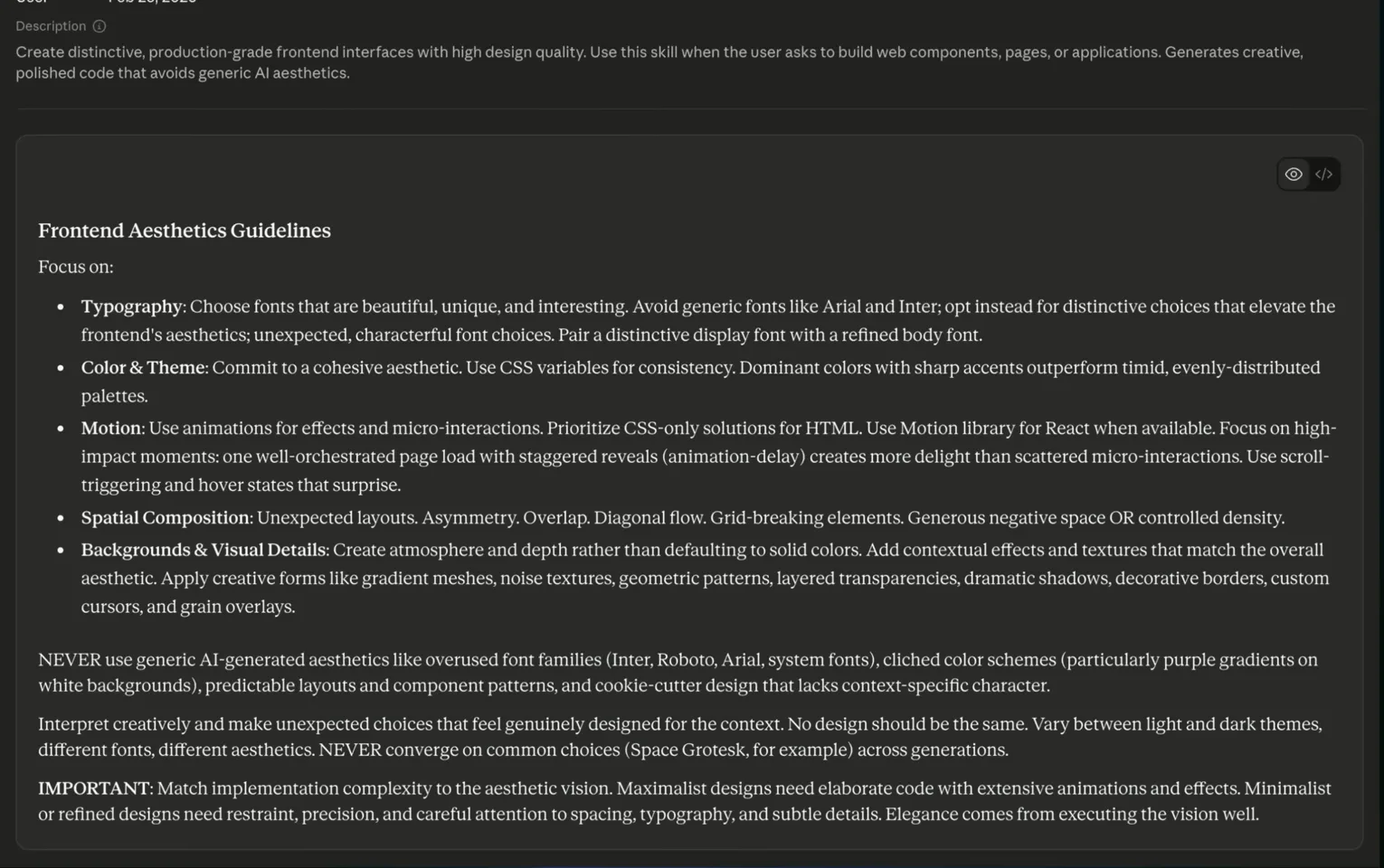Claude frontend design skill guidelines with a NEVER list banning generic AI aesthetics like overused fonts and purple gradients