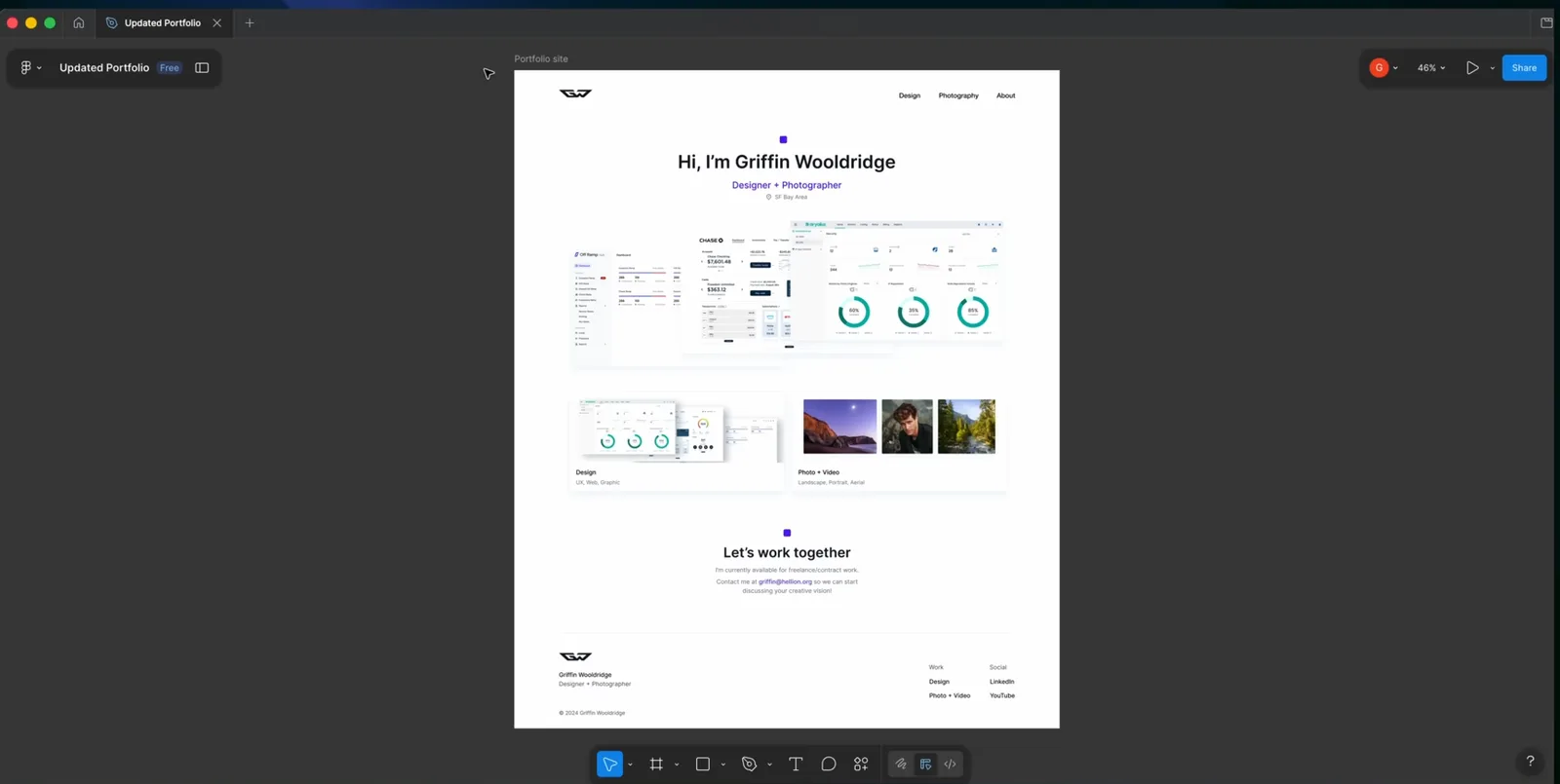 Portfolio homepage design open in Figma, the source file passed to Claude's Implement Design skill