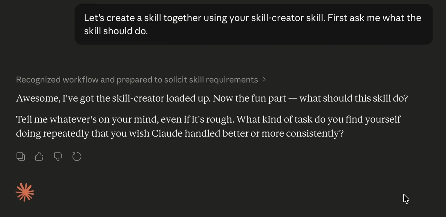 Claude Skill Creator starting its interview by asking what the new skill should do