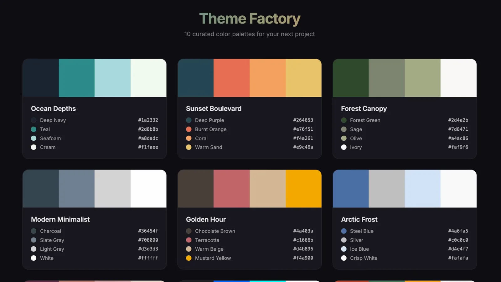 Theme Factory skill palettes including Ocean Depths, Sunset Boulevard, Forest Canopy, Golden Hour and Arctic Frost with hex codes