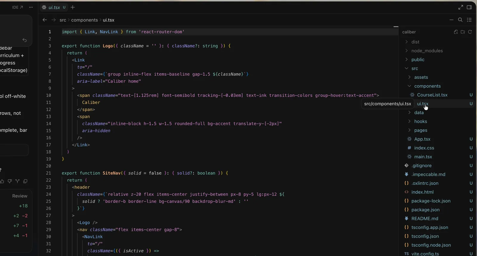 Cursor editor showing the generated React component code, the project file tree and per-file change counts