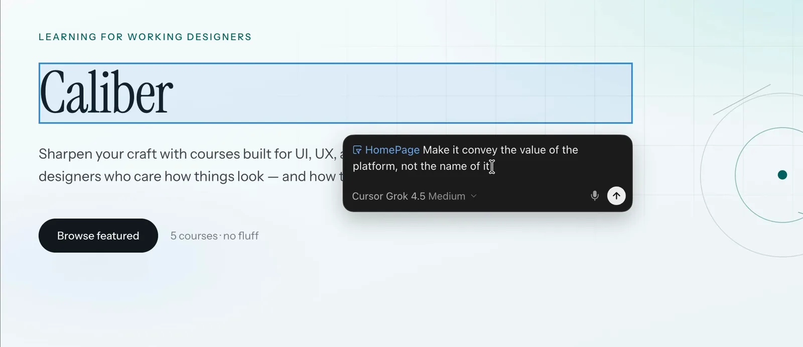 Cursor browser preview with the Caliber hero headline selected and an inline prompt describing the change
