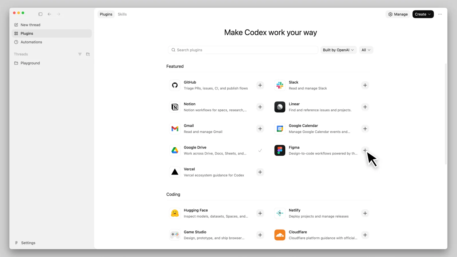 Codex app Plugins page with the Figma plugin listed under Featured and the cursor on its plus button
