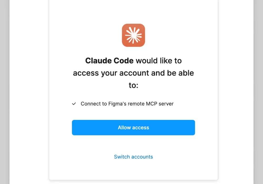 Figma authorization page asking to let Claude Code connect to Figma's remote MCP server, with an Allow access button