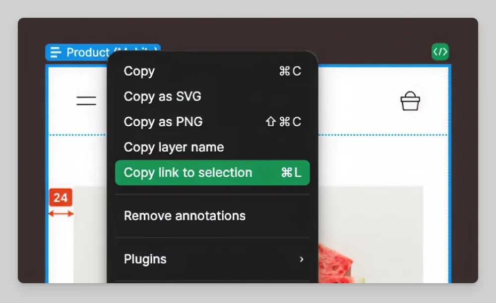 Figma right-click menu on a frame with Copy link to selection highlighted, the link you paste into Claude Code