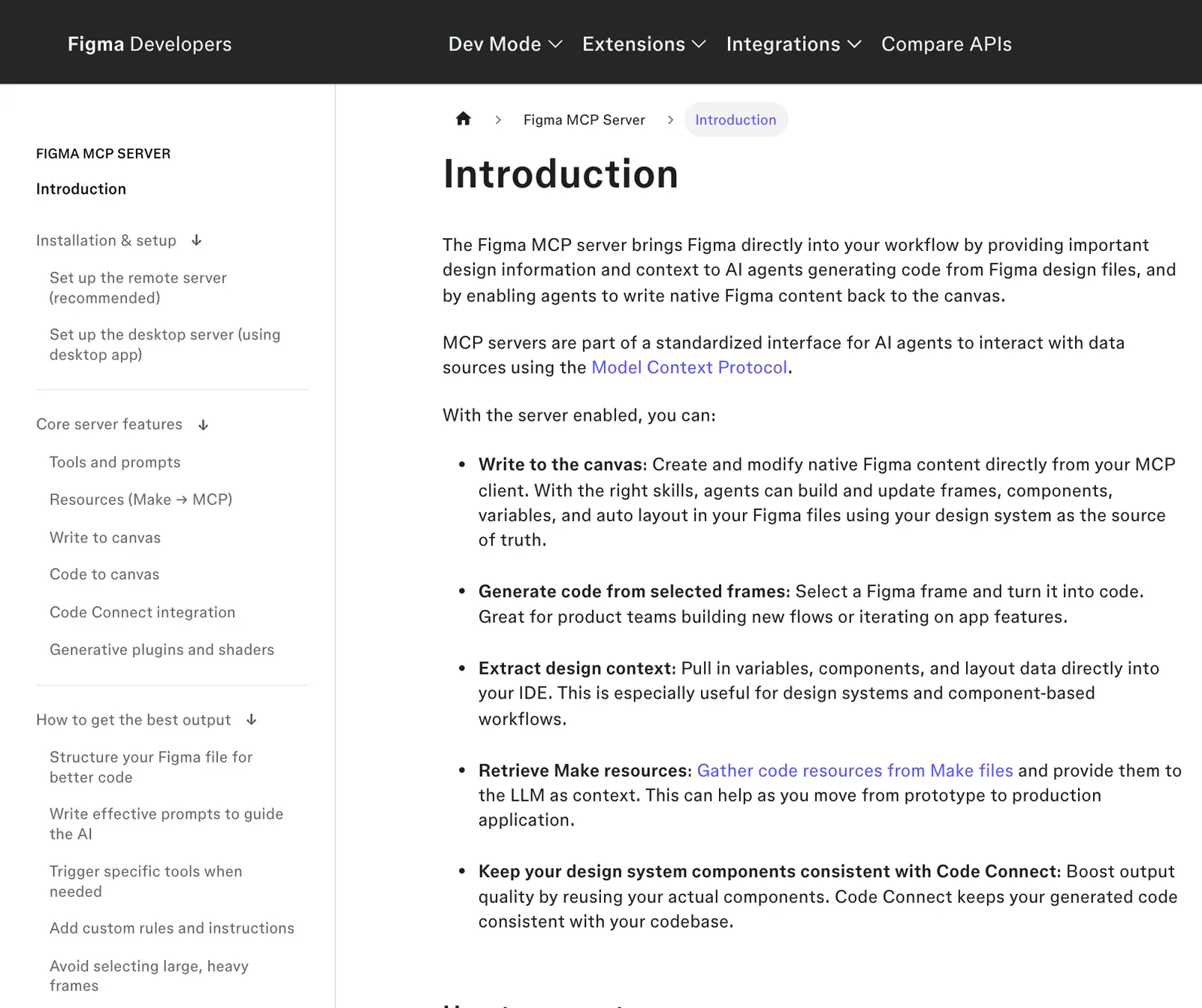 Figma MCP server docs listing generate code from selected frames and extract design context with variables and components