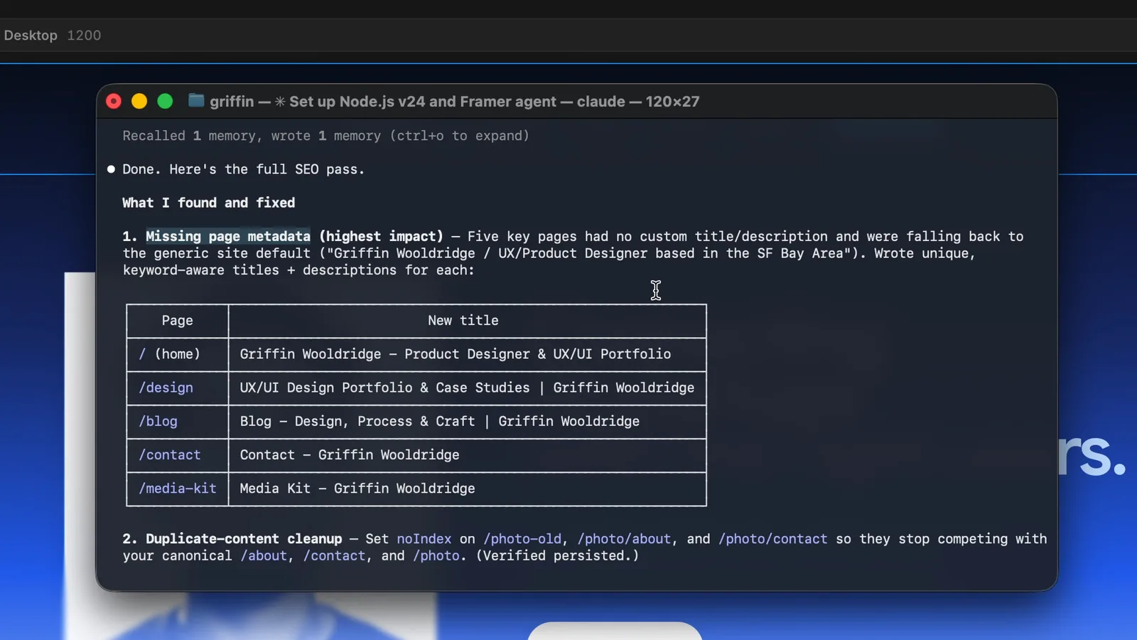 Claude Code terminal connected to a Framer project, listing new SEO page titles it wrote for each page