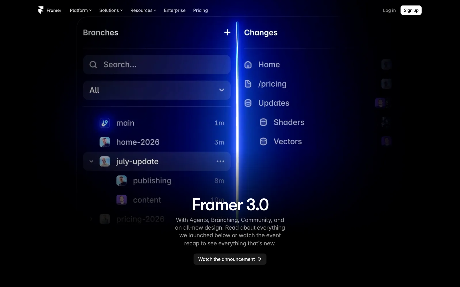 Framer 3.0 launch page announcing Agents, Branching, Community and an all-new design, with the branches panel behind it