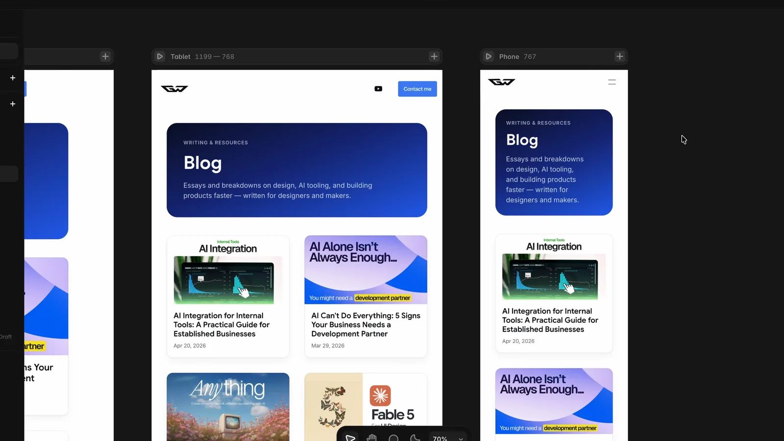Framer AI Agent rollout applying the homepage redesign to the Blog page across desktop, tablet and phone breakpoints