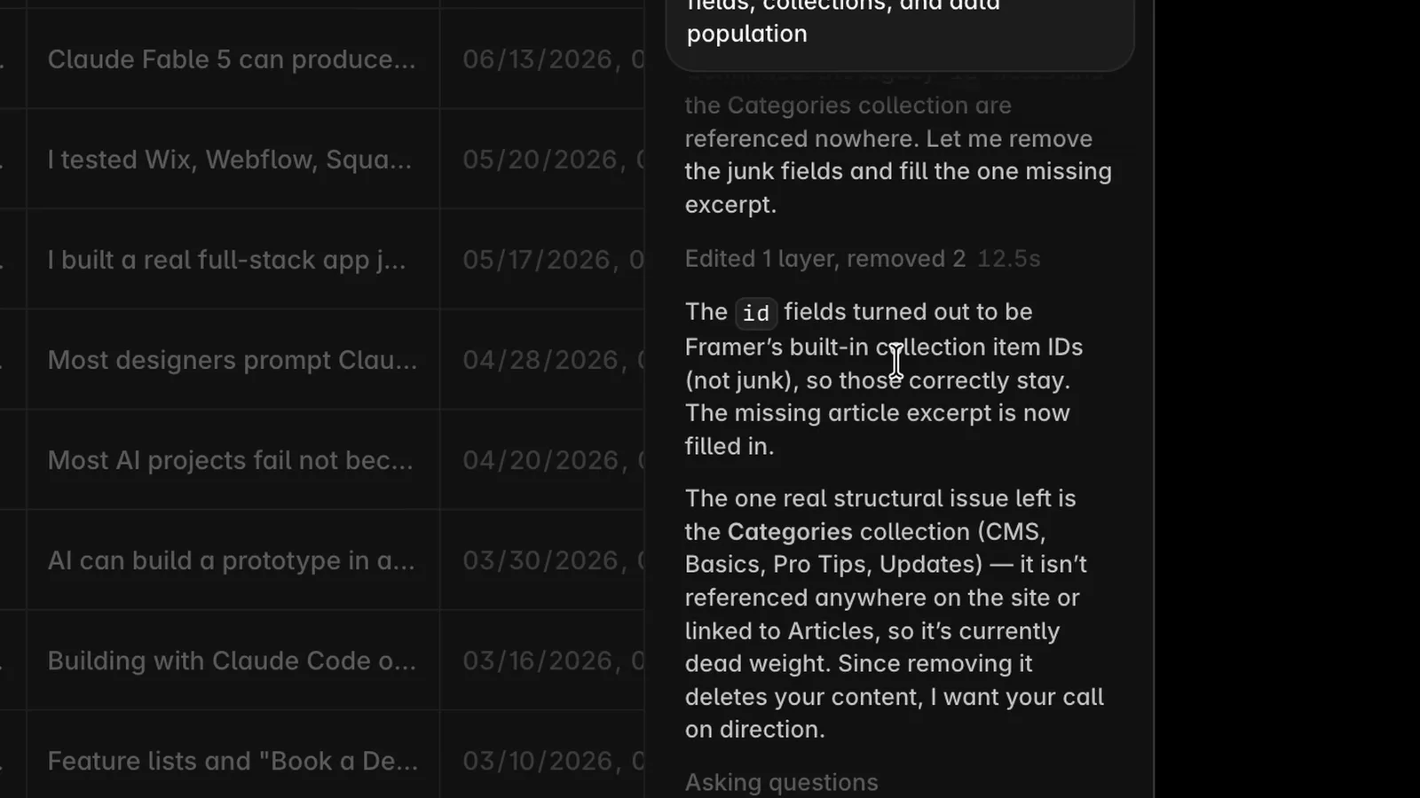 Framer AI Agent CMS cleanup report beside the blog collection, noting removed junk fields and a filled missing excerpt