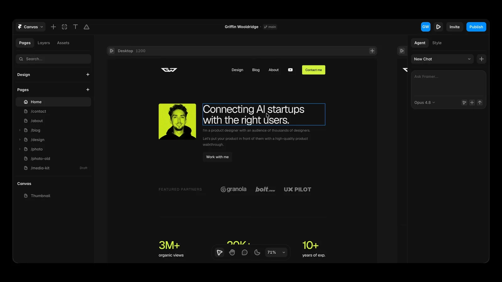 Framer editor with pages and layers on the left, the live homepage canvas in the middle and the AI Agent tab on the right