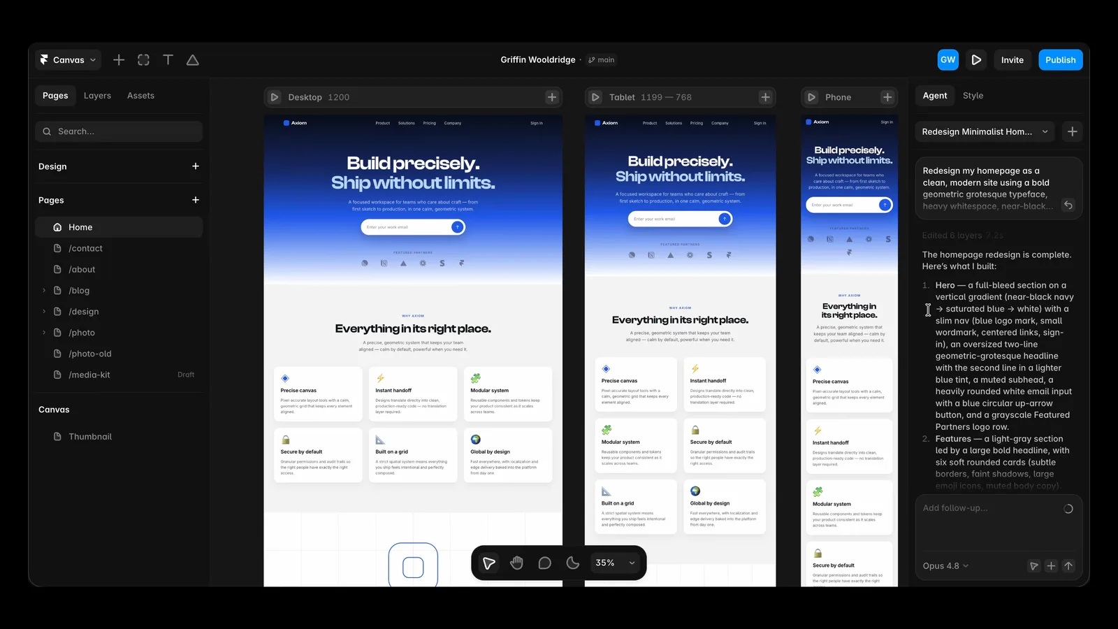 Framer AI Agent redesign with a navy-to-blue gradient hero shown on desktop, tablet and phone breakpoints at once