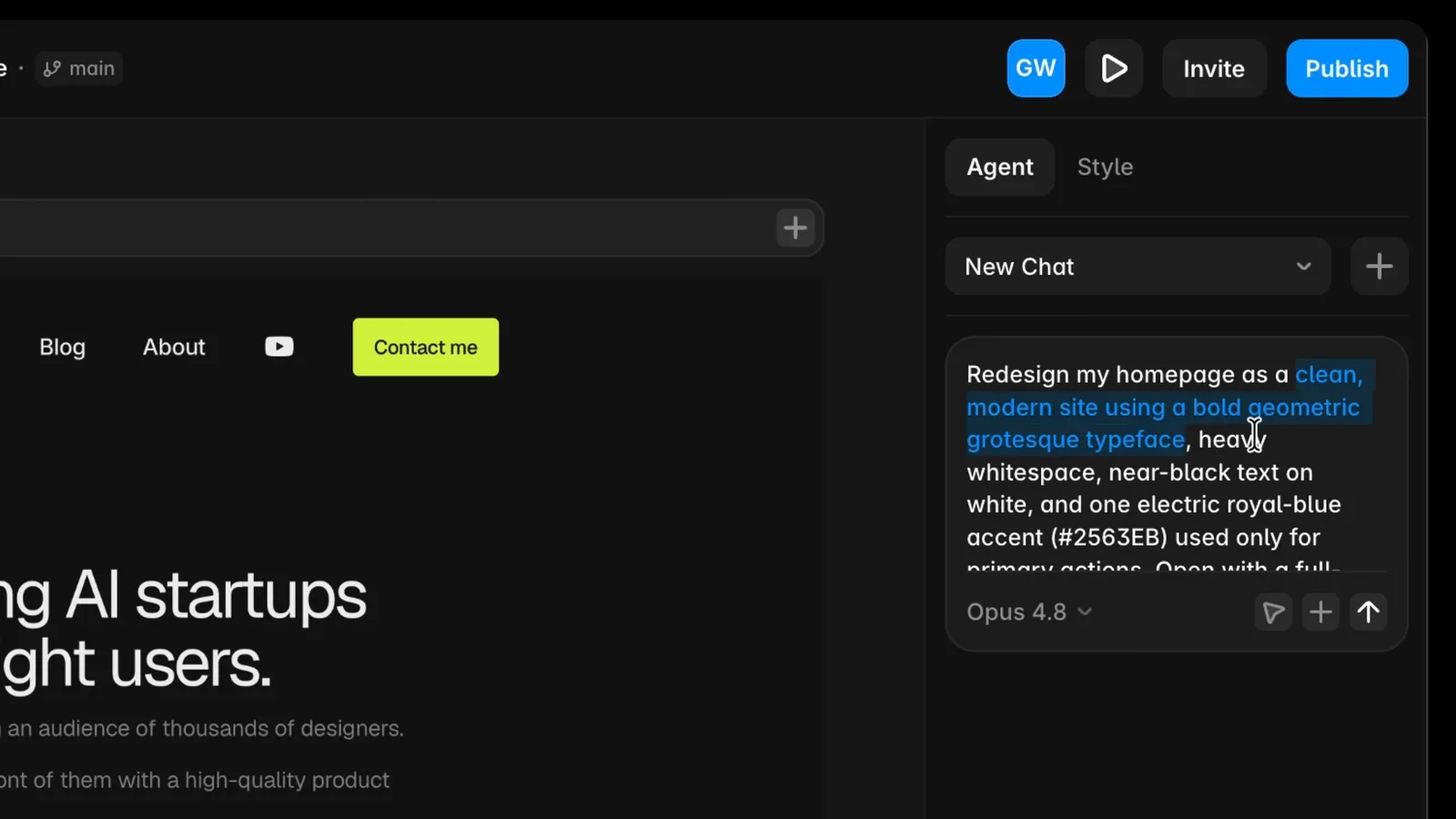 Framer AI Agent panel with a detailed homepage redesign prompt asking for a bold grotesque typeface and royal-blue accent