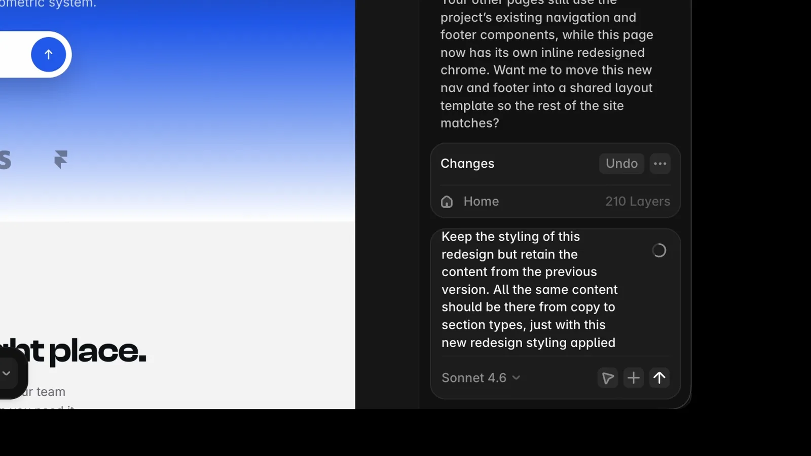 Framer Agent corrective prompt asking to keep the redesign styling but retain all copy and section types from the previous version